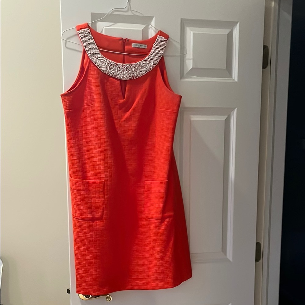 Sandra Darren Elegant Red Dress with Embellished Neckline